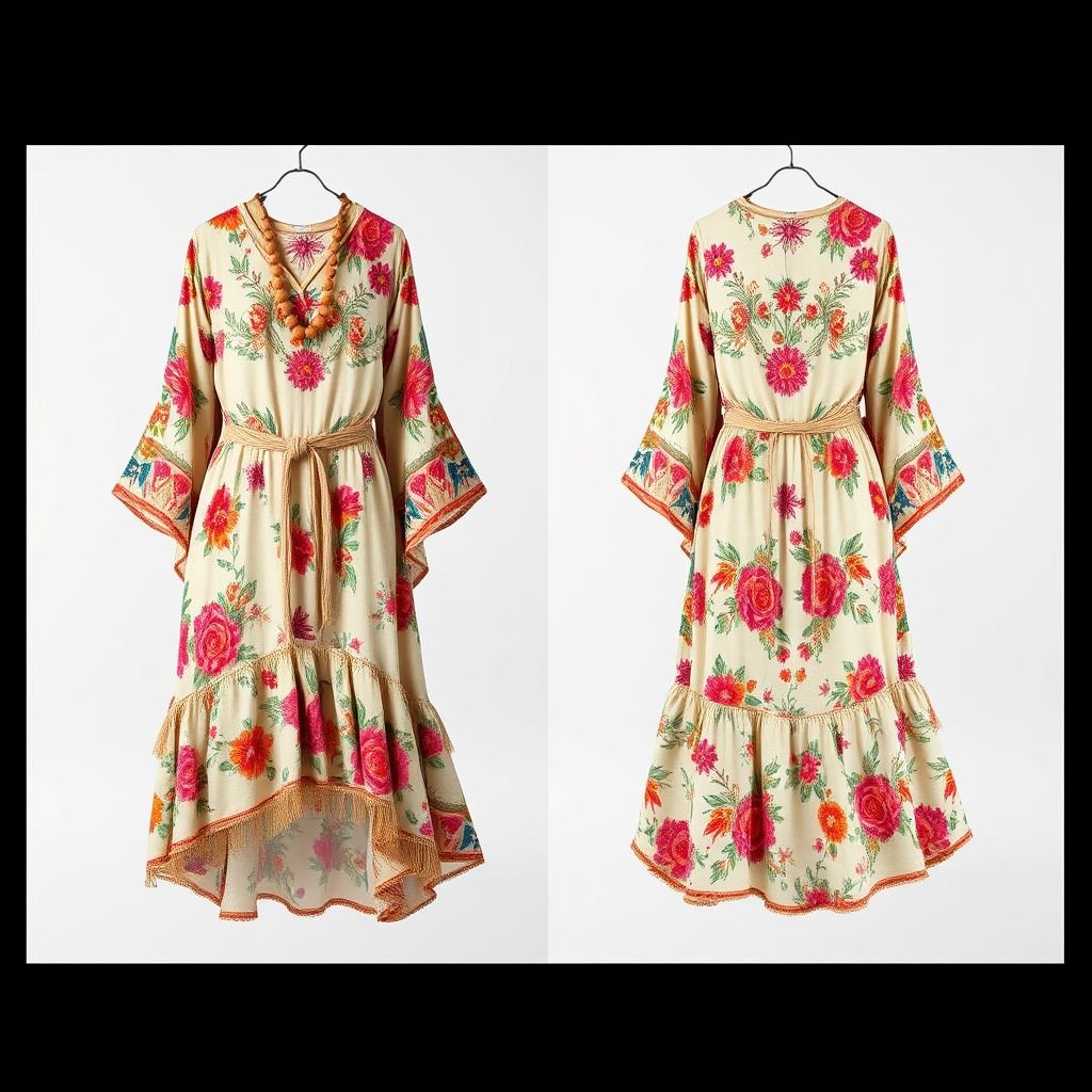 Create a very friendly bohemian dress
Design a flowing, ankle-length bohemian dress crafted from lightweight, vibrant fabrics adorned with intricate floral prints. The dress features bell sleeves, a cinched waist with a braided hemp belt, and a layered skirt that sways gently. Embellished with wooden bead necklaces and fringe details, it embodies free-spirited, carefree elegance.