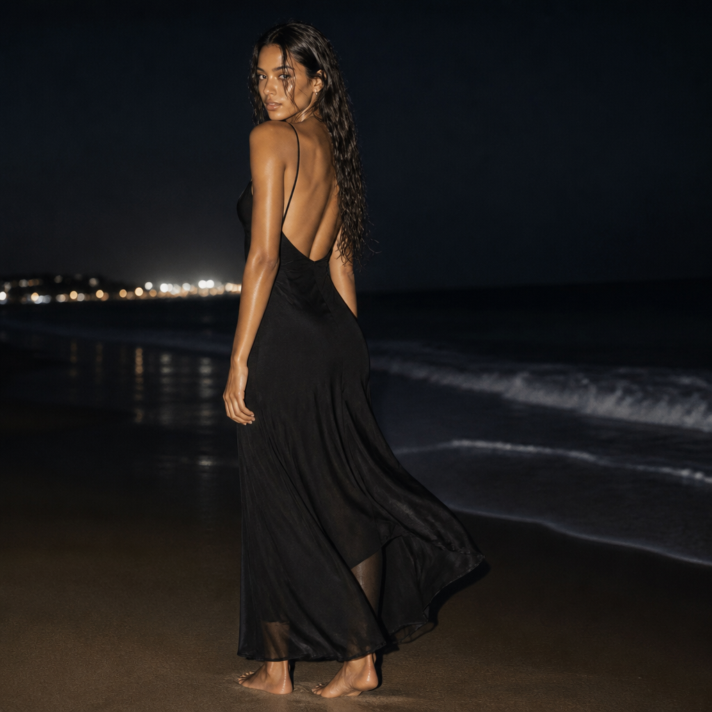 Une tenue de plage nocturne en noir et blanc, élégante et sensuelle : une longue robe noire fluide à fines bretelles, légèrement moulante au niveau du buste puis flottante jusqu’aux chevilles, avec un dos subtilement dénudé et une matière légère qui bouge avec le vent. Pieds nus, cheveux légèrement mouillés et naturels, petites boucles d’oreilles argentées très discrètes, aucun autre accessoire. Esthétique minimaliste, sophistiquée, mystérieuse, inspiration mode et R&B des années 90, silhouette féminine et intemporelle.
photorealistic fashion design, Une tenue de plage nocturne en noir et blanc, élégante et sensuelle : une longue robe noire fluide à fines bretelles, légèrement moulante au niveau du buste puis flottante jusqu’aux chevilles, avec un dos subtilement dénudé et une matière légère qui bouge avec le vent. Pieds nus, cheveux légèrement mouillés et naturels, petites boucles d’oreilles argentées très discrètes, aucun autre accessoire. Esthétique minimaliste, sophistiquée, mystérieuse, inspiration mode et R&B des années 90, silhouette féminine et intemporelle., just the design no text