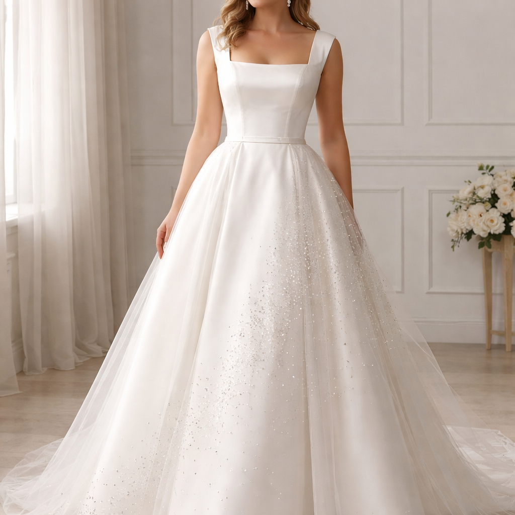 Wedding style dress. White. Size 14 UK. Corset bodice, silk. Thick wide, folded sleeveless straps. Box shaped neck line. A-line skirt, silk, from under the bust to ankles. Thin second skirt of gauze, studded downwards diagonally with diamonds.
Wedding style dress. White. Size 14 UK. Corset bodice, silk. Thick wide, folded sleeveless straps. Box shaped neck line. A-line skirt, silk, from under the bust to ankles. Thin second skirt of gauze, studded downwards diagonally with diamonds.