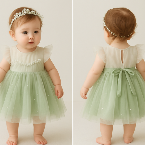 一歳の女の子着用画
優しいグリーンと白いパールの組み合わせの妖精みたいなドレス
ヘッドアクセサリーもつけて