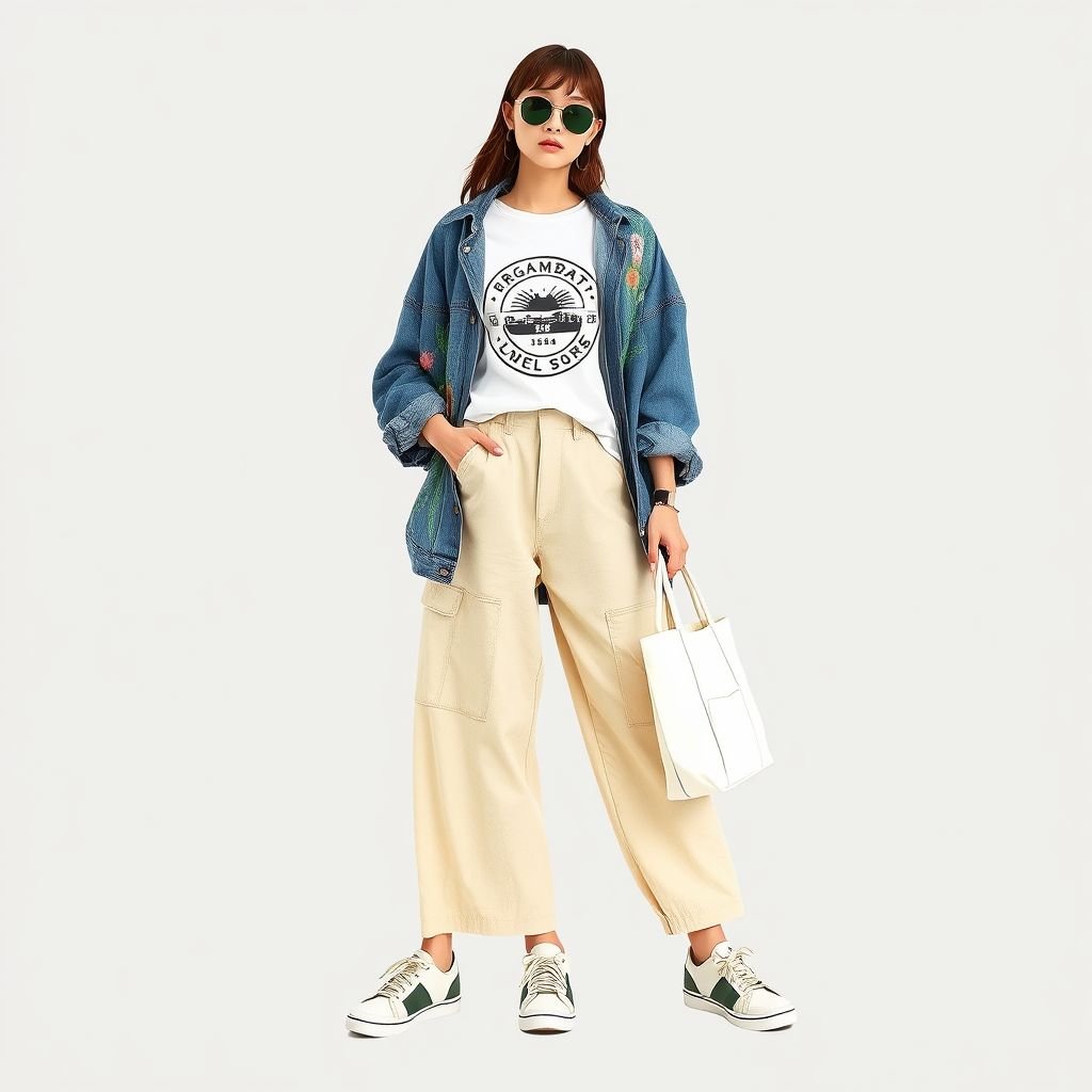 Areeka
Design a relaxed, oversized denim jacket adorned with hand-painted botanical motifs, paired with high-waisted, loose-fitting cotton trousers in a soft pastel shade. Complete the look with a lightweight, breezy white T-shirt featuring a vintage logo. Accessorize with chunky sneakers and a canvas tote for that effortlessly chic casual vibe.