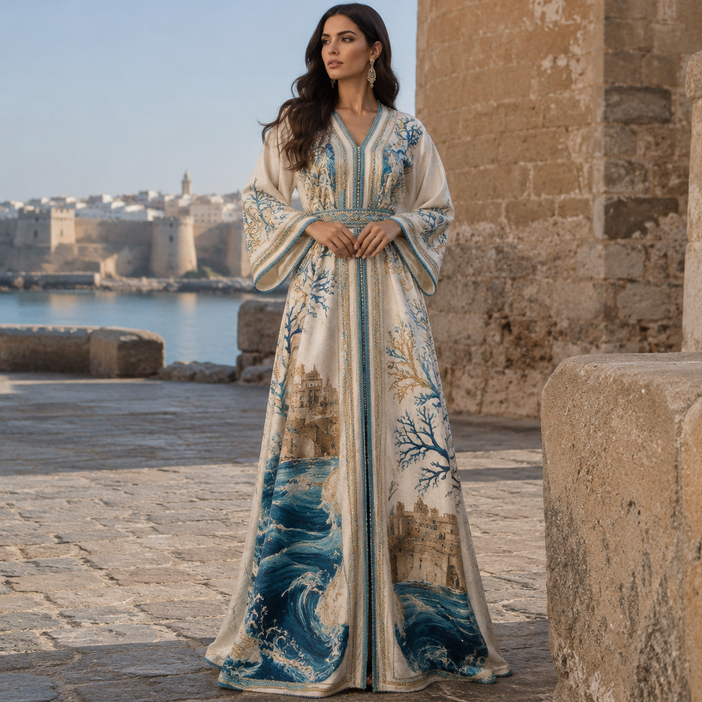 قفطان مغربي مستوحى من طبيعة مدينة آسفي المغربية. Morocco fashion aesthetics. Present it as professional fashion catalogue photography: the garment is the subject, shown full-length with editorial styling, neutral posing and tasteful, non-suggestive framing.
photorealistic fashion design, قفطان مغربي مستوحى من طبيعة مدينة آسفي المغربية. Morocco fashion aesthetics. Present it as professional fashion catalogue photography: the garment is the subject, shown full-length with editorial styling, neutral posing and tasteful, non-suggestive framing., just the design no text