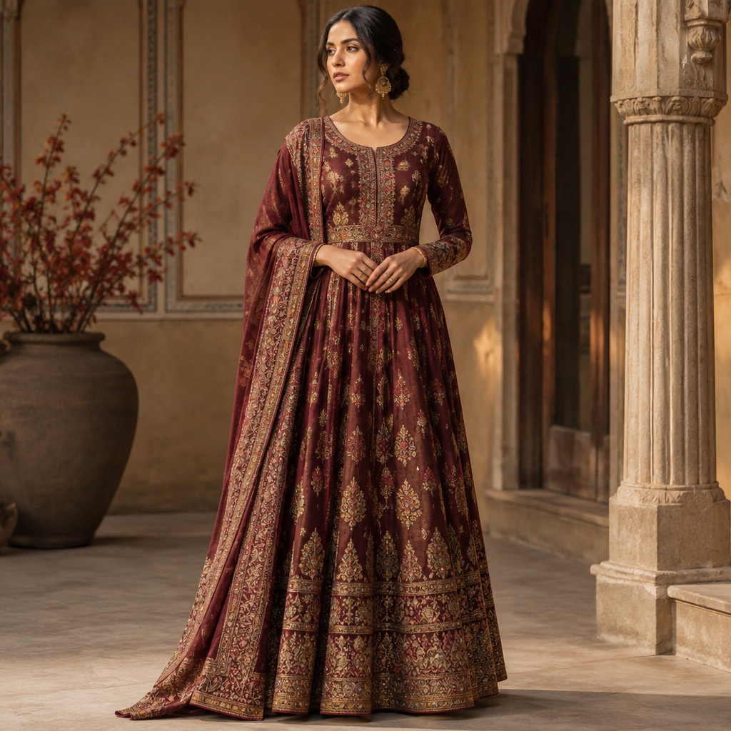 A Female Dress design, suitable for Fall. Consider Indian fashion aesthetics — consider saree, lehenga, salwar kameez, kurti, anarkali; local fabrics like chanderi, banarasi, chikankari, block prints; vibrant colors and rich embroidery. Current season is Autumn in India. Present it as professional fashion catalogue photography: the garment is the subject, shown full-length with editorial styling, neutral posing and tasteful, non-suggestive framing.
photorealistic fashion design, A Female Dress design, suitable for Fall. Consider Indian fashion aesthetics — consider saree, lehenga, salwar kameez, kurti, anarkali; local fabrics like chanderi, banarasi, chikankari, block prints; vibrant colors and rich embroidery. Current season is Autumn in India. Present it as professional fashion catalogue photography: the garment is the subject, shown full-length with editorial styling, neutral posing and tasteful, non-suggestive framing., just the design no text