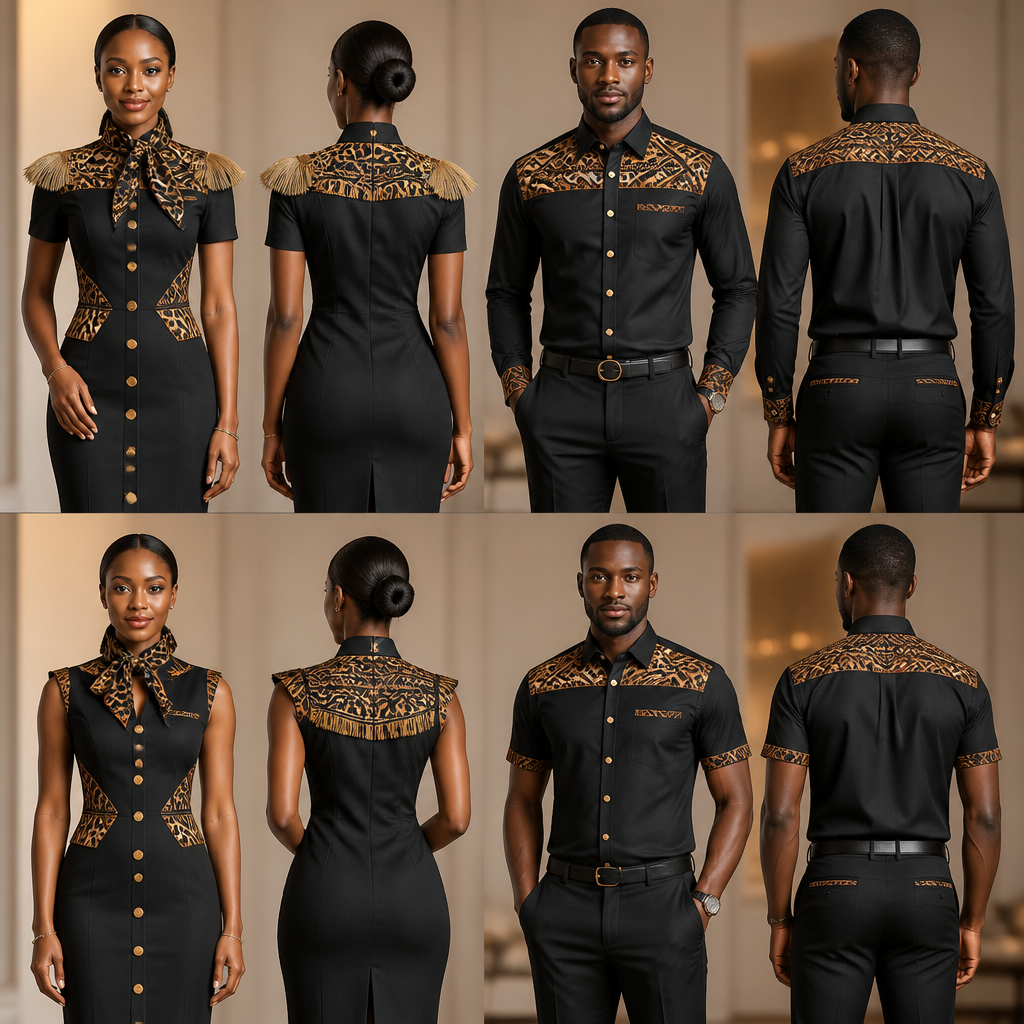 designs de Robe hôtesse pour restaurant différents , robe droite jusqu’au genoux pour femme , col pasteur petite écharpe motif panthère noire et marron , bouton au milieu de la robe rond en or Avec une touche de paille au niveau des épaules et la poitrine de même pour les hommes pantalon chemise , designs sur la robe en motifs tissu panthère tissu africain ekang Cameroun . La couleur du vêtement est noir , très fashion chic , et élégante , plus stylé et original
photorealistic fashion design, designs de Robe hôtesse pour restaurant différents , robe droite jusqu’au genoux pour femme , col pasteur petite écharpe motif panthère noire et marron , bouton au milieu de la robe rond en or Avec une touche de paille au niveau des épaules et la poitrine de même pour les hommes pantalon chemise , designs sur la robe en motifs tissu panthère tissu africain ekang Cameroun . La couleur du vêtement est noir , très fashion chic , et élégante , plus stylé et original , office style, just the design no text, show front and back