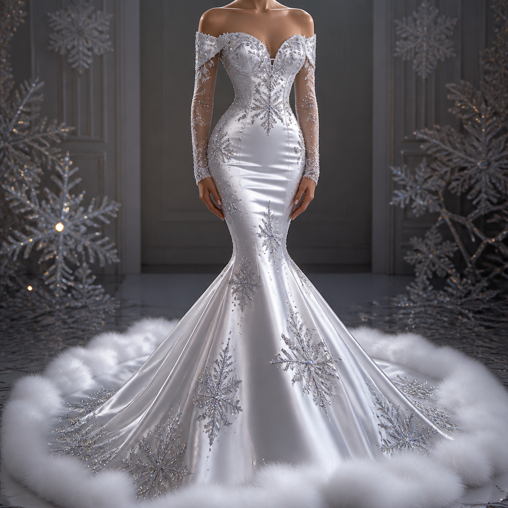 A Female Dress design, made of Satin, for Formal, suitable for Winter, in Elegant style. A gorgeous elegant Diamond Jewel tone pitted mermaid fitted wedding dress winter season long with a fluffy Snow White show that has Diamond snowflakes all over it and shimmering
photorealistic fashion design, A Female Dress design, made of Satin, for Formal, suitable for Winter, in Elegant style. A gorgeous elegant Diamond Jewel tone pitted mermaid fitted wedding dress winter season long with a fluffy Snow White show that has Diamond snowflakes all over it and shimmering, elegant style, just the design no text