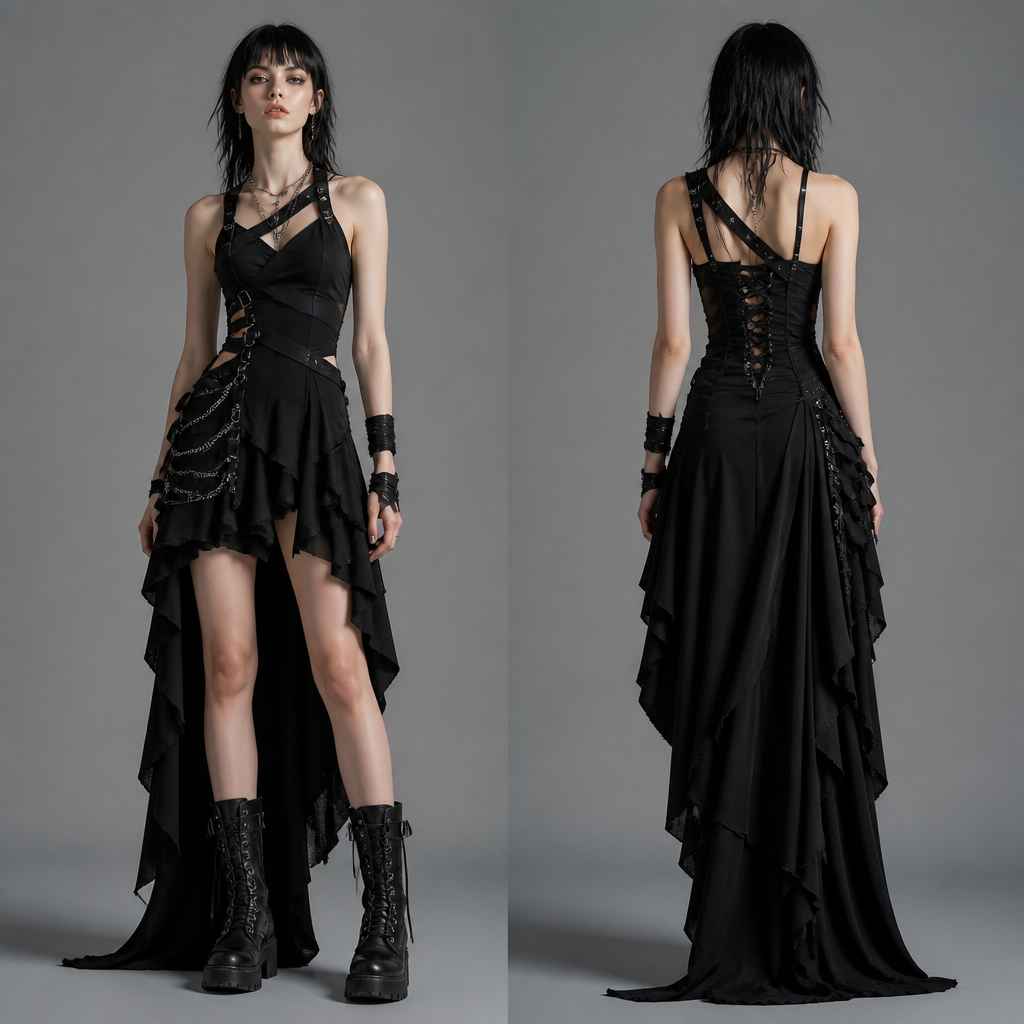 Elegant with a touch of an ounce drama
photorealistic fashion design, Elegant with a touch of an ounce drama, punk style, just the design no text, show front and back