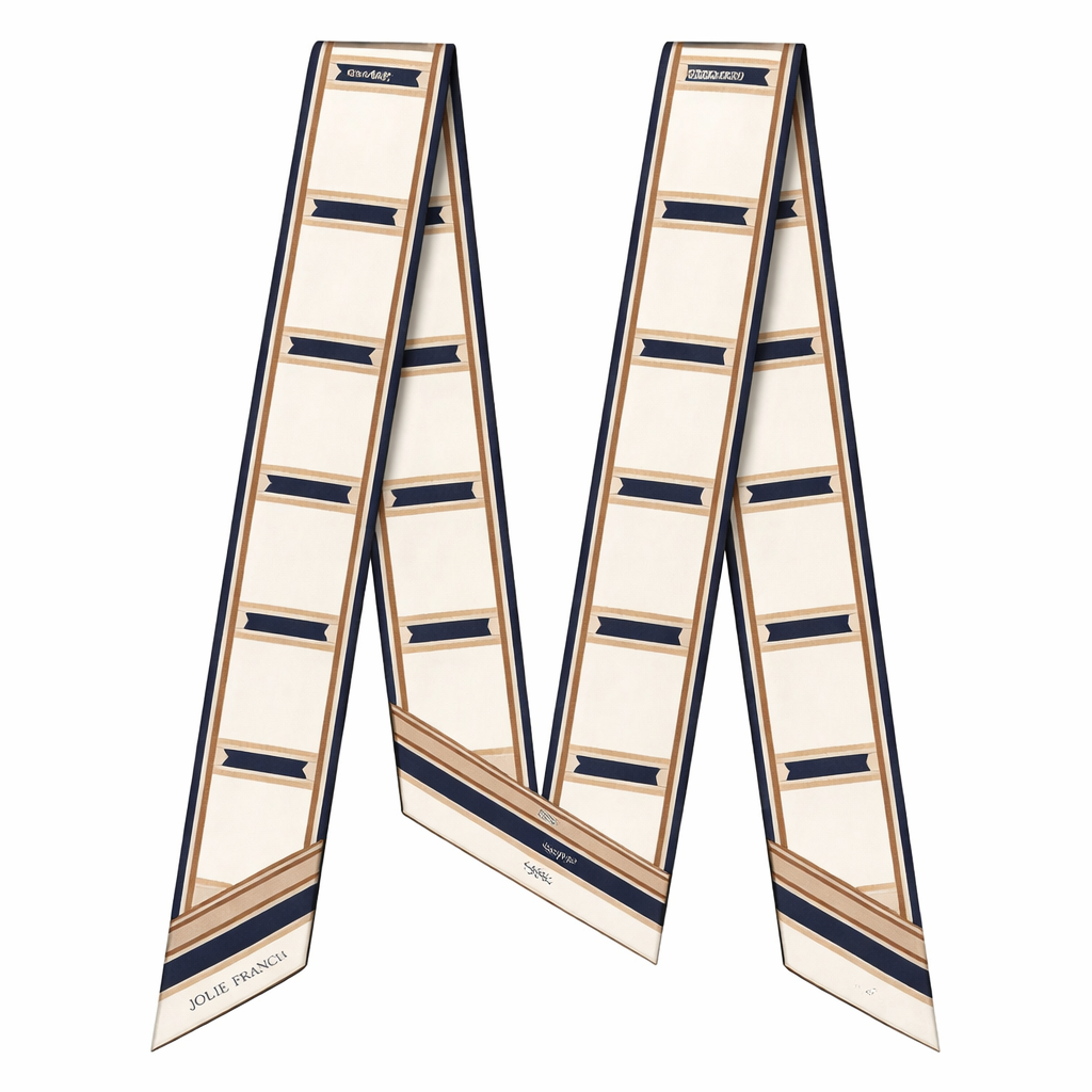 Design a 5cm x 86cm silk twill scarf for a luxury French brand called Jolie Franc. The style is classic, timeless, and tailored with a strong architectural feel. Feature a precise horizontal bar motif repeated at measured intervals along the length of the scarf, inspired by couture tailoring and Parisian architecture. Use a soft ivory base with inky navy and warm camel accents, with a subtle muted gold hairline detail. Include a thin, structured border and hand-rolled edges. The design should feel restrained, elegant, and instantly recognizable when wrapped around a Kelly-style bag handle or worn for refined evening outings.
Design a 5cm x 86cm silk twill scarf for a luxury French brand called Jolie Franc. The style is classic, timeless, and tailored with a strong architectural feel. Feature a precise horizontal bar motif repeated at measured intervals along the length of the scarf, inspired by couture tailoring and Parisian architecture. Use a soft ivory base with inky navy and warm camel accents, with a subtle muted gold hairline detail. Include a thin, structured border and hand-rolled edges. The design should feel restrained, elegant, and instantly recognizable when wrapped around a Kelly-style bag handle or worn for refined evening outings., classic style, show front and back