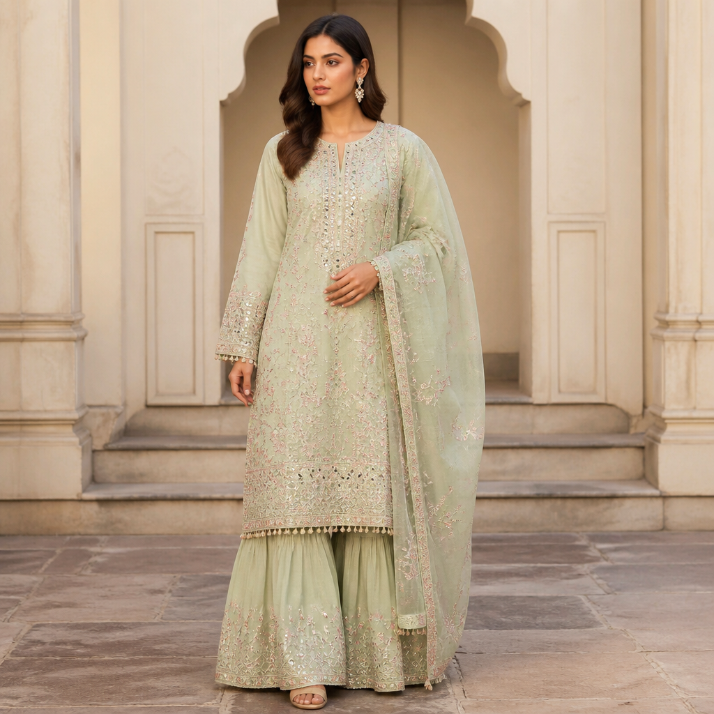 A Dress design, suitable for Summer. Consider Pakistani fashion — shalwar kameez, gharara, sharara; lawn fabrics, chiffon; intricate embroidery and mirror work. Current season is Summer in Pakistan. Present it as professional fashion catalogue photography: the garment is the subject, shown full-length with editorial styling, neutral posing and tasteful, non-suggestive framing.
photorealistic fashion design, A Dress design, suitable for Summer. Consider Pakistani fashion — shalwar kameez, gharara, sharara; lawn fabrics, chiffon; intricate embroidery and mirror work. Current season is Summer in Pakistan. Present it as professional fashion catalogue photography: the garment is the subject, shown full-length with editorial styling, neutral posing and tasteful, non-suggestive framing., just the design no text