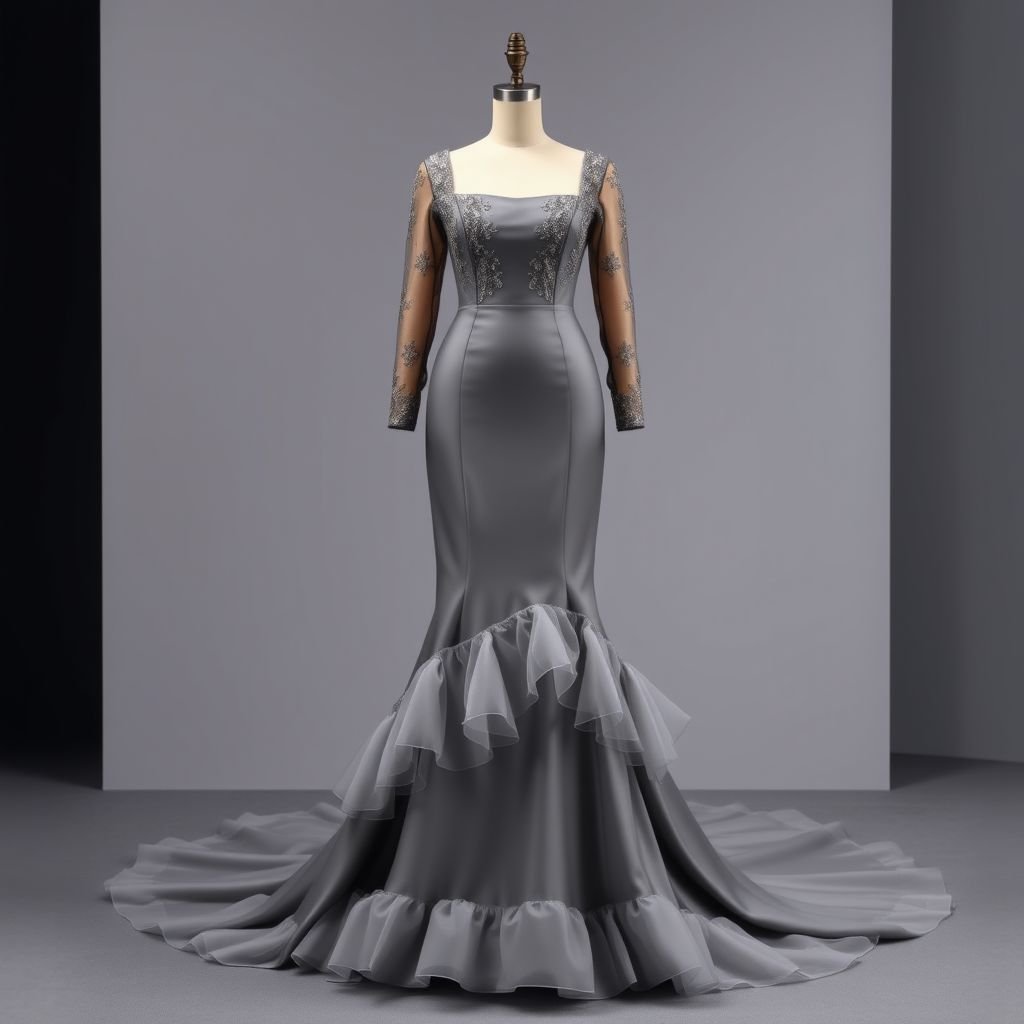 A grey long dress which is flowy from the end and lays down on the ground. The sleeves should be long of net with embroidery. The dress should be embellished . The bottom of the dress should be of organza frill. The neck should be square shaped. And the frill should be only one at the end. The dress should be straight and body shaped. The dress should have embellishment and embroidery.
Design an elegant, floor-length grey formal gown, gracefully flowing into a sweeping train. The fitted bodice features a sophisticated square neckline, while long net sleeves showcase exquisite embroidery. A singular organza frill delicately graces the hem, enhancing its opulence. The dress's sophisticated silhouette exudes timeless elegance, perfect for grand occasions.