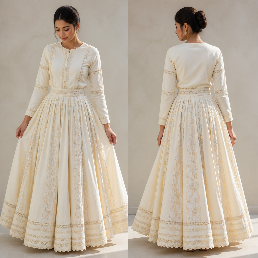A Female Dress design, suitable for Summer. bohra rida skirt with buttercream colour base and suitable panel and laces as per attached reference pictures. India fashion aesthetics.
photorealistic fashion design, A Female Dress design, suitable for Summer. bohra rida skirt with buttercream colour base and suitable panel and laces as per attached reference pictures. India fashion aesthetics., just the design no text