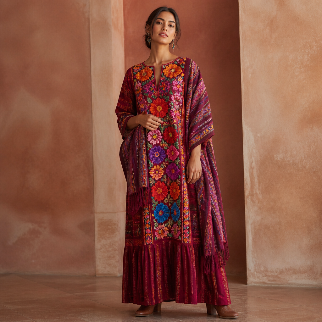 A Female Dress design, suitable for Fall. Consider Mexican fashion — huipil and rebozo traditions, vibrant embroidery, Oaxacan textiles, colorful folk art influence. Current season is Autumn in Mexico. Present it as professional fashion catalogue photography: the garment is the subject, shown full-length with editorial styling, neutral posing and tasteful, non-suggestive framing.
photorealistic fashion design, A Female Dress design, suitable for Fall. Consider Mexican fashion — huipil and rebozo traditions, vibrant embroidery, Oaxacan textiles, colorful folk art influence. Current season is Autumn in Mexico. Present it as professional fashion catalogue photography: the garment is the subject, shown full-length with editorial styling, neutral posing and tasteful, non-suggestive framing., just the design no text