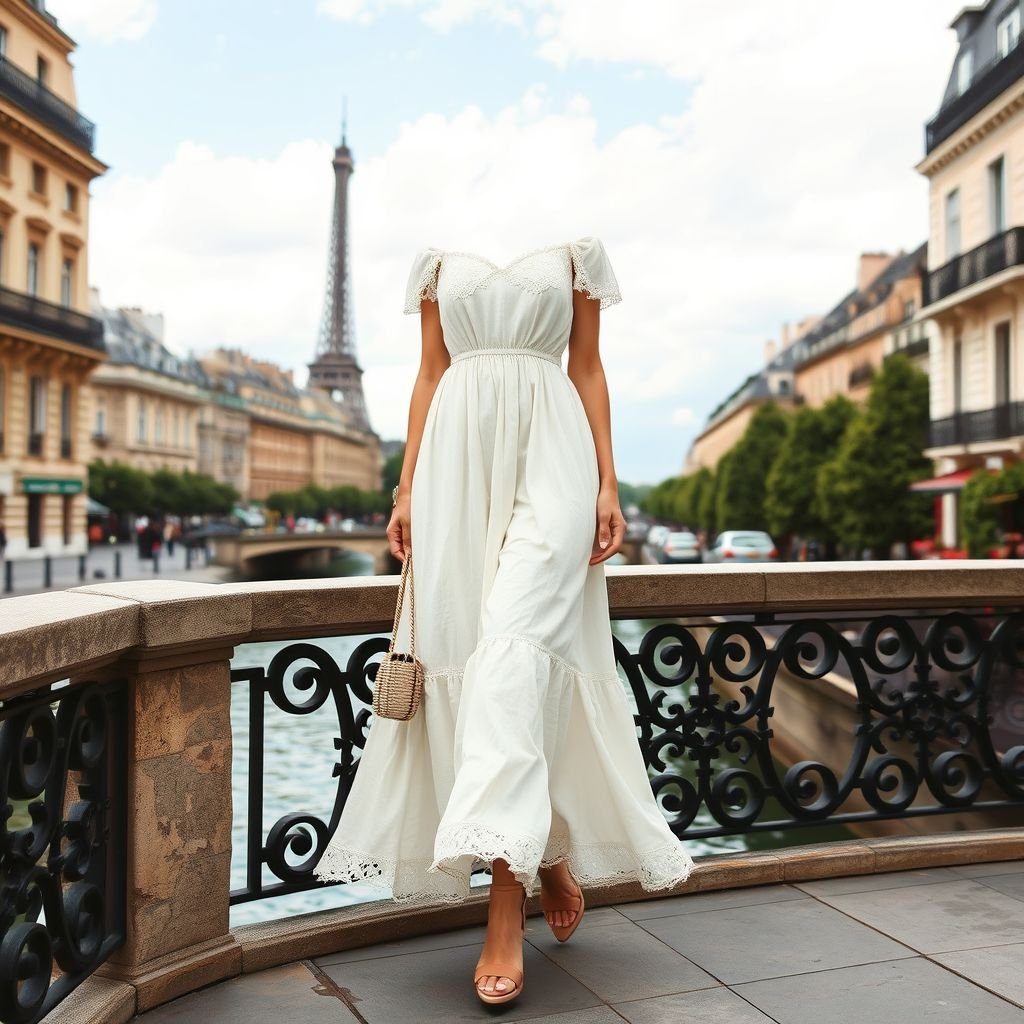 Summer dress simple for resort wear
Design a chic, flowing summer dress ideal for resort wear, embodying quintessential Parisian elegance. Use lightweight, breathable linen in soft pastel hues, featuring delicate lace trim and a subtle off-the-shoulder silhouette. Accentuate with a cinched waist and a playful A-line skirt, perfect for strolling along the Seine in effortless style.