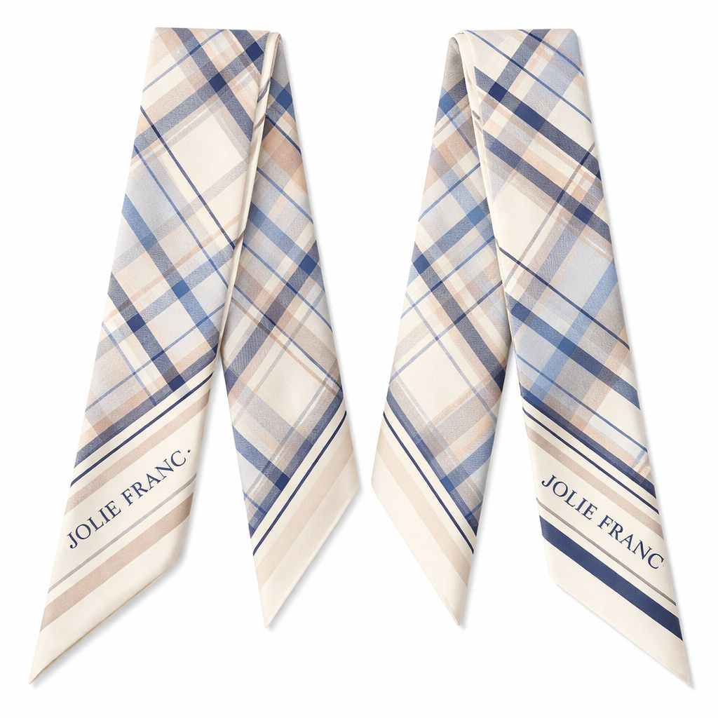 Design me a silk scarf that is 5x 86cm to be wrapped on the top handle of a handbag. It need to be iconic for my brand Jolie Franc. It would be classic geometric and tailored
More simple and more iconic . It needs to be Jolie Francs identifiable signature look no chains. Try to create a feminine Ralph Lauren look. Softer and slightly sporty with longitudinal lines let’s try a preppy plaid. Make it more airy and lighter
Design me a silk scarf that is 5x 86cm to be wrapped on the top handle of a handbag. It need to be iconic for my brand Jolie Franc. It would be classic geometric and tailored
More simple and more iconic . It needs to be Jolie Francs identifiable signature look no chains. Try to create a feminine Ralph Lauren look. Softer and slightly sporty with longitudinal lines let’s try a preppy plaid. Make it more airy and lighter , classic style, show front and back