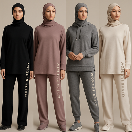 Create a revolutionary women’s modest loose gym wear brand called “Modest Fleur”. Display the brand name on the garments in a unique design on the side, exuding a classy and sophisticated vibe. I’d like four designs, each showcasing different styles and fabrics, with high-end, unique chic designs to make them truly special.