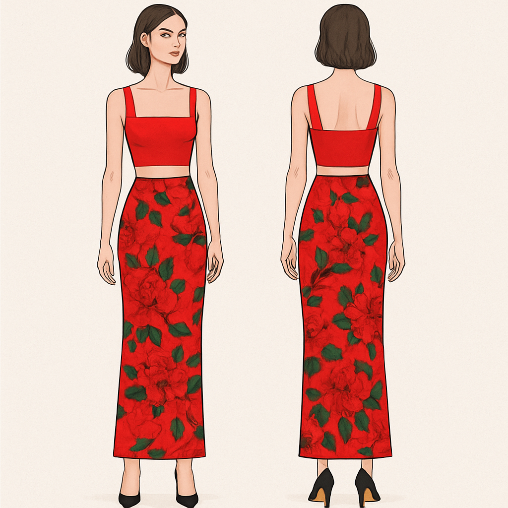 Red crop Top and long skinny skirt with red flowers. Add green leaves
Red crop Top and long skinny skirt with red flowers. Add green leaves
, show front and back