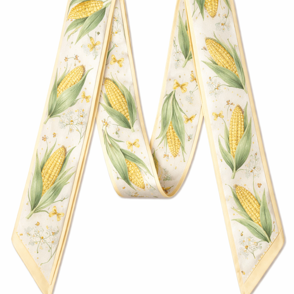 Design a silk scarf that is 5 x 86 cm with oblique edges. It will be wrapped around a handle of a handbag. It’s for the state of Iowa. Make it corn but way more simple. No words or logos. Make it a touch feminine and sorority like
Design a silk scarf that is 5 x 86 cm with oblique edges. It will be wrapped around a handle of a handbag. It’s for the state of Iowa. Make it corn but way more simple. No words or logos. Make it a touch feminine and sorority like, classic style, show front and back