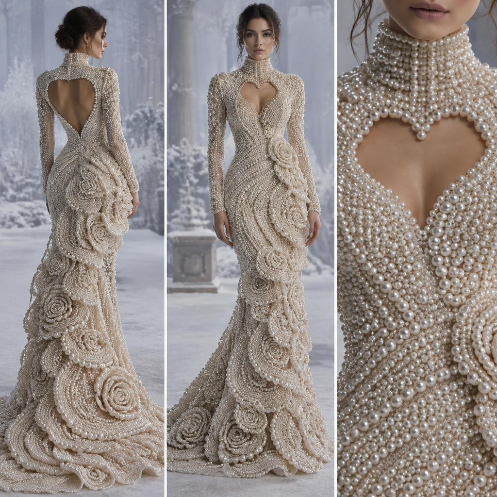 photorealistic fashion design, A Female Dress design, suitable for Fall. платья из полностью жемчуга длинным воротником открытым в форме сердечки ниже шеи волнистые как розы ложатся друг на друга. GE fashion aesthetics. Present it as professional fashion catalogue photography: the garment is the subject, shown full-length with editorial styling, neutral posing and tasteful, non-suggestive framing., just the design no text. Refinement: зима
photorealistic fashion design, photorealistic fashion design, A Female Dress design, suitable for Fall. платья из полностью жемчуга длинным воротником открытым в форме сердечки ниже шеи волнистые как розы ложатся друг на друга. GE fashion aesthetics. Present it as professional fashion catalogue photography: the garment is the subject, shown full-length with editorial styling, neutral posing and tasteful, non-suggestive framing., just the design no text. Refinement: зима, just the design no text