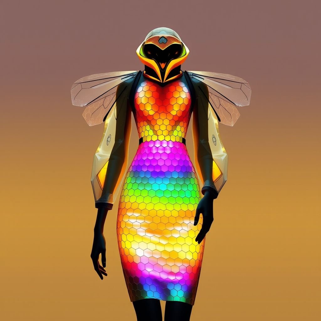 A honey bee & honey comb themed spring day dress.
Design a futuristic spring day dress inspired by honey bees and honeycombs, featuring iridescent, honeycomb-patterned fabrics that shift colors with movement. Incorporate sleek, geometric silhouettes with oversized translucent sleeves and a sculptural neckline resembling a beehive. Add LED accents that glow softly, mimicking the warm hues of honey.