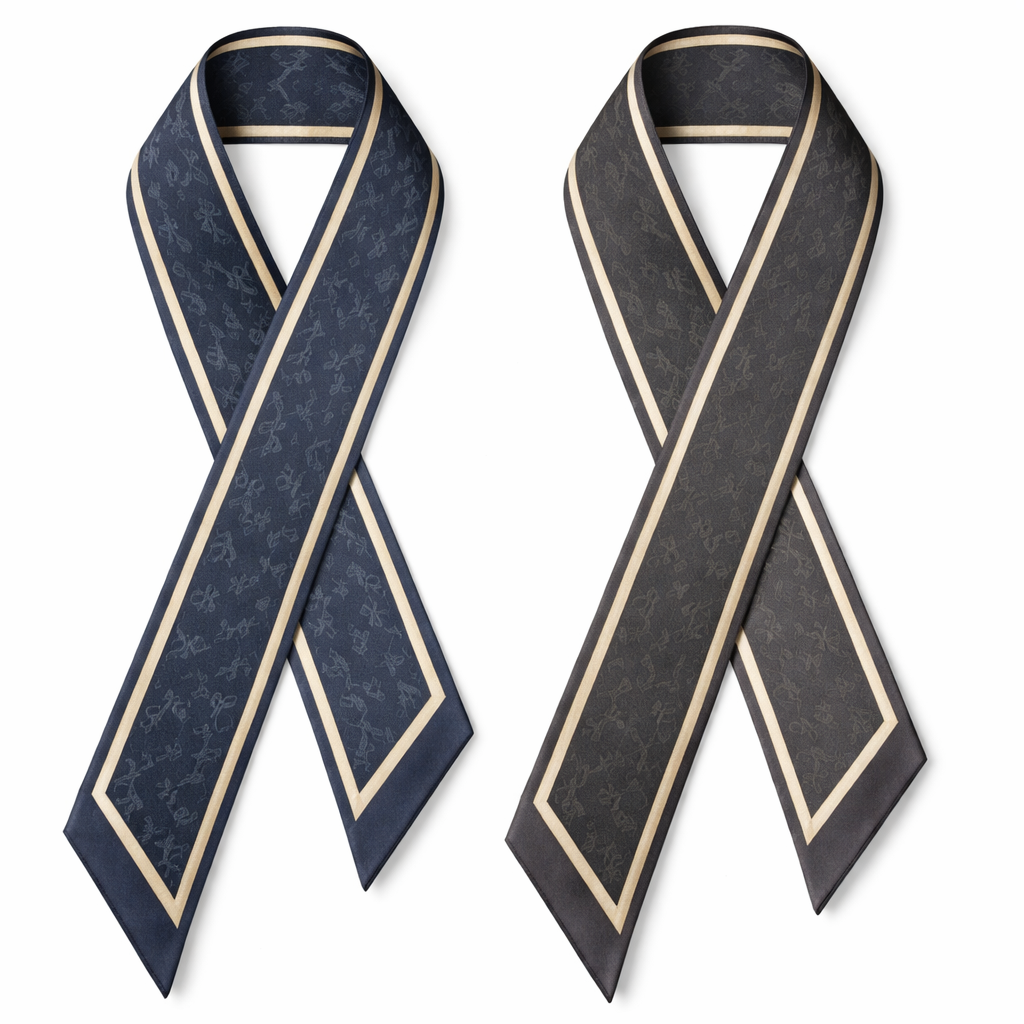 Create a 5cm x 86cm silk twill scarf with a subtle monogram-inspired pattern, geometric and restrained rather than decorative. Base color: classic navy or charcoal. Accent color: soft ivory or pale gold. Thin border and hand-rolled edges. The design should feel refined, structured, and timeless, suitable for a luxury handbag handle or polished evening styling.
Create a 5cm x 86cm silk twill scarf with a subtle monogram-inspired pattern, geometric and restrained rather than decorative. Base color: classic navy or charcoal. Accent color: soft ivory or pale gold. Thin border and hand-rolled edges. The design should feel refined, structured, and timeless, suitable for a luxury handbag handle or polished evening styling., classic style, show front and back