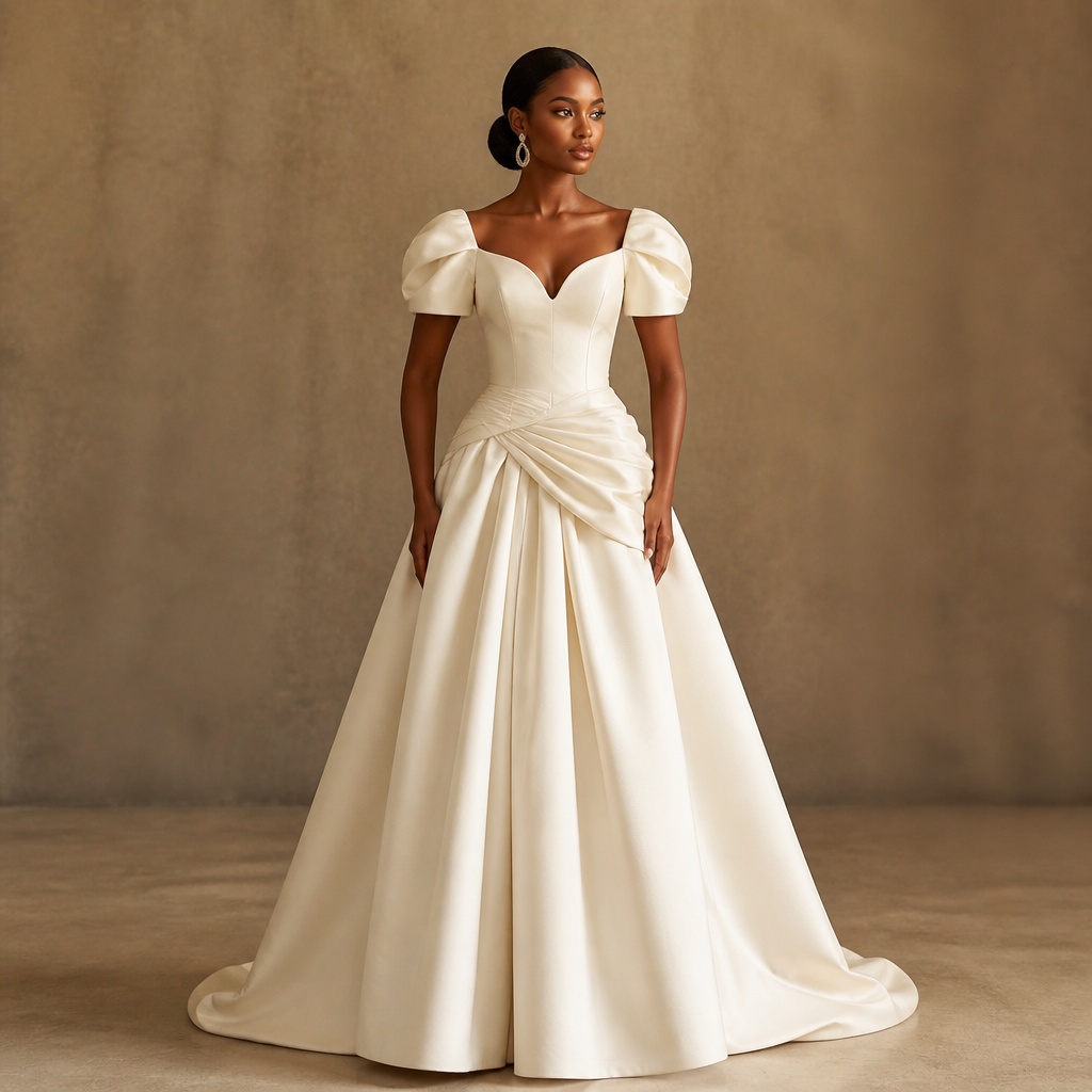Use the reference photo to generate the dress, just change the neckline of the reference photo to a queen Anne neckline and the sleeve of the reference photo to a short tulip sleeve using a cream mikado material. Nigeria fashion aesthetics.
photorealistic fashion design, Use the reference photo to generate the dress, just change the neckline of the reference photo to a queen Anne neckline and the sleeve of the reference photo to a short tulip sleeve using a cream mikado material. Nigeria fashion aesthetics., just the design no text