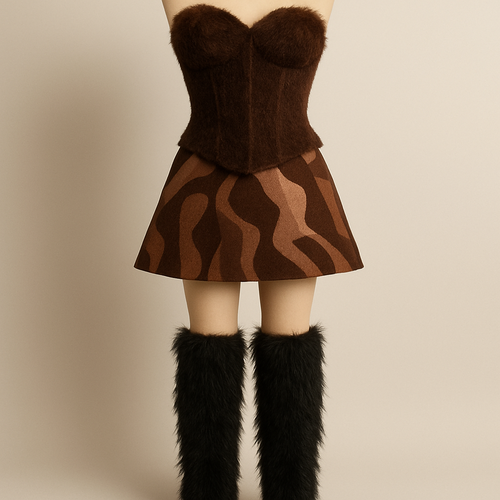 Un corsetería que sea marrón fuerte como con pelos con una falda corta que tenga distintos tonos de marrones con unos pa tos que sean líneas abstractas y unas botas negras con pelos por toda la bota