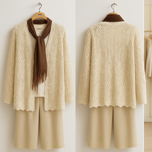 #### ۱. بلوز اصلی (کاردیگان بافتنی):
- نوع: کاردیگان باز (open-front cardigan) با طراحی V-neck (یقه باز Vشکل).
- جنس: بافتنی نازک و مشبک (knit with lace-like pattern) – الگویی ظریف و گلدار مانند (leafy or floral knit pattern) که حس سبکی و تهویه خوبی میده.
- رنگ: کرم روشن یا بژ (off-white/beige) – رنگ خنثی و مناسب برای فصلهای گرم.
- طول: بلند و تا زانو (midi-length)، مناسب برای استایل کژوال یا نیمهرسمی.
- آستین: آستین بلند و گشاد با لبههای مشبک.
- جزئیات اضافی: بدون دکمه (buttonless)، لبههای موجدار در پایین و یقه، و لوگوی برند "Kral" با رنگ نارنجی روی برچسب داخلی یقه (داخل تیشرت زیرین هم تکرار شده).
#### ۲. تاپ یا تیشرت زیرین:
- نوع: تیشرت ساده یا تاپ کروی (crew-neck top).
- جنس: احتمالاً پنبهای یا مخلوط با بافت نرم (cotton blend).
- رنگ: سفید یا کرم روشن، هماهنگ با بلوز.
- طول: کوتاه، تا کمر، که زیر بلوز لایهبندی شده و بخشی از آن نمایان است.
#### ۳. شلوار:
- نوع: شلوار گشاد و پالتویی (wide-leg pants) با طراحی راسته و راحت.
- جنس: بافتنی نرم و سبک (knit fabric)، مشابه بلوز اما بدون مشبک – حس کشسانی و راحتی داره.
- رنگ: کرم روشن یا بژ، همرنگ با بلوز.
- طول: تمامقد (full-length)، مناسب برای استایل بوهو یا کژوال.
- جزئیات: کمربند یا کشی در کمر (از تصویر مشخص نیست، اما گشاد به نظر میرسه).
#### ۴. روسری:
- نوع: شال یا روسری بلند و ابریشمی/نخی (scarf/shawl).
- جنس: نرم با حاشیههای پرزدار (fringed edges).
- رنگ: قهوهای شکلاتی (chocolate brown) – تضاد خوبی با رنگهای خنثی ست ایجاد میکنه.
- استفاده: به صورت گرهخورده دور یقه بلوز آویزان شده، برای اضافه کردن لایه و جذابیت بصری.
#### نکات کلی ست:
- استایل: لایهلایه (layered look) با تم خنثی و طبیعی، مناسب برای بهار/تابستان یا هوای معتدل. میتونی با کفشهای ساده مثل صندل یا اسنیکرز ست کنی.
- برند: Kral – یک برند لباس (احتمالاً محلی یا مستقل، بر اساس لوگو) که روی لباسهای رسمی و کژوال تمرکز داره. لوگو روی چوبلباسی و برچسبها حک شده.
- محیط: عکس در ویترین مغازه گرفته شده، با زمینه روشن و مینیما