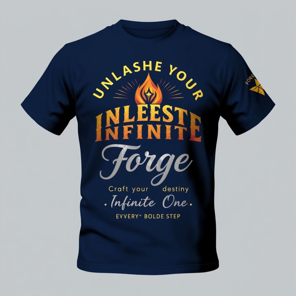 T-Shirt Design Idea for “Unleash Your Infinite Forge: Craft Your Destiny with Every Bold Step” * Color Palette: Deep midnight blue base (symbolizing depth and potential) with accents in vibrant gold and silver (representing empowerment and brilliance). Unisex appeal with a soft, breathable cotton-blend fabric. * Front Design: * Text Layout: The quote is split for impact. “Unleash Your Infinite Forge” arches across the chest in bold, modern sans-serif font (gold with a subtle metallic sheen). Below, “Craft Your Destiny with Every Bold Step” flows in a smaller, elegant script (silver) for contrast, creating a dynamic hierarchy. * Graphic Element: A stylized, minimalist flame (symbolizing the “forge”) rises from the center of the quote, blending gold and silver hues. The flame subtly morphs into a star at the top, hinting at destiny and aspiration without being overly literal. * Placement: Centered but slightly tilted upward to evoke motion and progress, sized to fit both men’s and women’s cuts comfortably. * Back Design: * A small, single-line echo of the flame-star graphic near the upper spine, with tiny text below it: “Forge On.” Keeps it clean but reinforces the message. * Sleeve Accent: Optional thin gold line wrapping around one sleeve, like a subtle bracelet, adding a touch of style without overwhelming the design. * Vibe: Empowering yet wearable, balancing bold statement with versatile style for casual or layered looks. Works for all genders and body types.
**Streetwear T-Shirt Design: “Unleash Your Infinite Forge”**
Imagine a striking streetwear tee in deep midnight blue, made from a soft, breathable cotton blend. The bold, arched text “Unleash Your Infinite Forge” in gleaming gold graces the chest, with the elegant silver script below reading “Craft Your Destiny with Every Bold Step”. A dynamic flame graphic ascends from the center, morphing into a star at the top, symbolizing aspiration. The design tilts upward, imbuing it with a sense of progress. The back features a minimalist flame-star echo and the mantra “Forge On” for added impact. Coined with an optional gold sleeve accent, this piece combines empowerment, modernity, and urban style, perfect for layering or casual outings, appealing to all genders and body types.