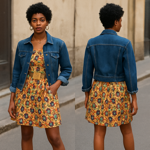 Black woman 
Short curls 
Gold jewelry
Retro dress gold belt 
Blue jean jacket 
Yellow heels 



