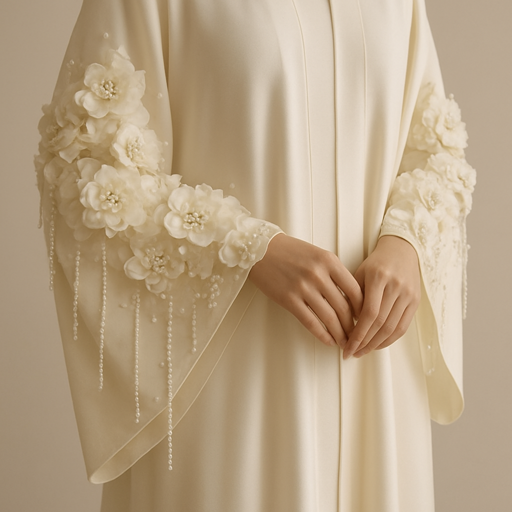 The Pearl Blossom Aura Abaya
Tone: Ivory or cream gold
Design:
Soft 3D blossoms around the sleeves, paired with delicate pearl strings hanging lightly.
Embellishment:
Creamy pearls + small champagne crystals.
Vibe: Bridal, gentle, luxurious purity.
The Pearl Blossom Aura Abaya
Tone: Ivory or cream gold
Design:
Soft 3D blossoms around the sleeves, paired with delicate pearl strings hanging lightly.
Embellishment:
Creamy pearls + small champagne crystals.
Vibe: Bridal, gentle, luxurious purity.