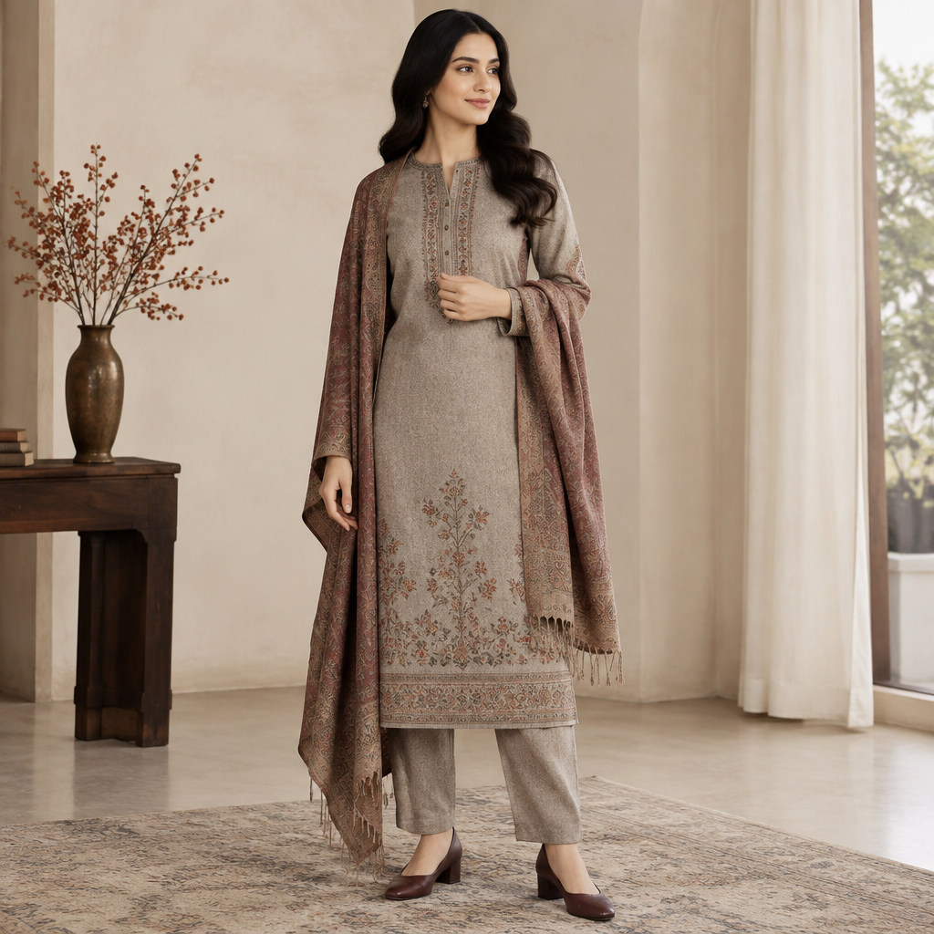 A Female Dress design, with modest, full coverage: longer hemlines, higher necklines and covered shoulders, suitable for Fall. i want to wear a winter outfit but it should be with a salwar suit appropriate for a teacher. India fashion aesthetics. Present it as professional fashion catalogue photography: the garment is the subject, shown full-length with editorial styling, neutral posing and tasteful, non-suggestive framing.
photorealistic fashion design, A Female Dress design, with modest, full coverage: longer hemlines, higher necklines and covered shoulders, suitable for Fall. i want to wear a winter outfit but it should be with a salwar suit appropriate for a teacher. India fashion aesthetics. Present it as professional fashion catalogue photography: the garment is the subject, shown full-length with editorial styling, neutral posing and tasteful, non-suggestive framing., just the design no text