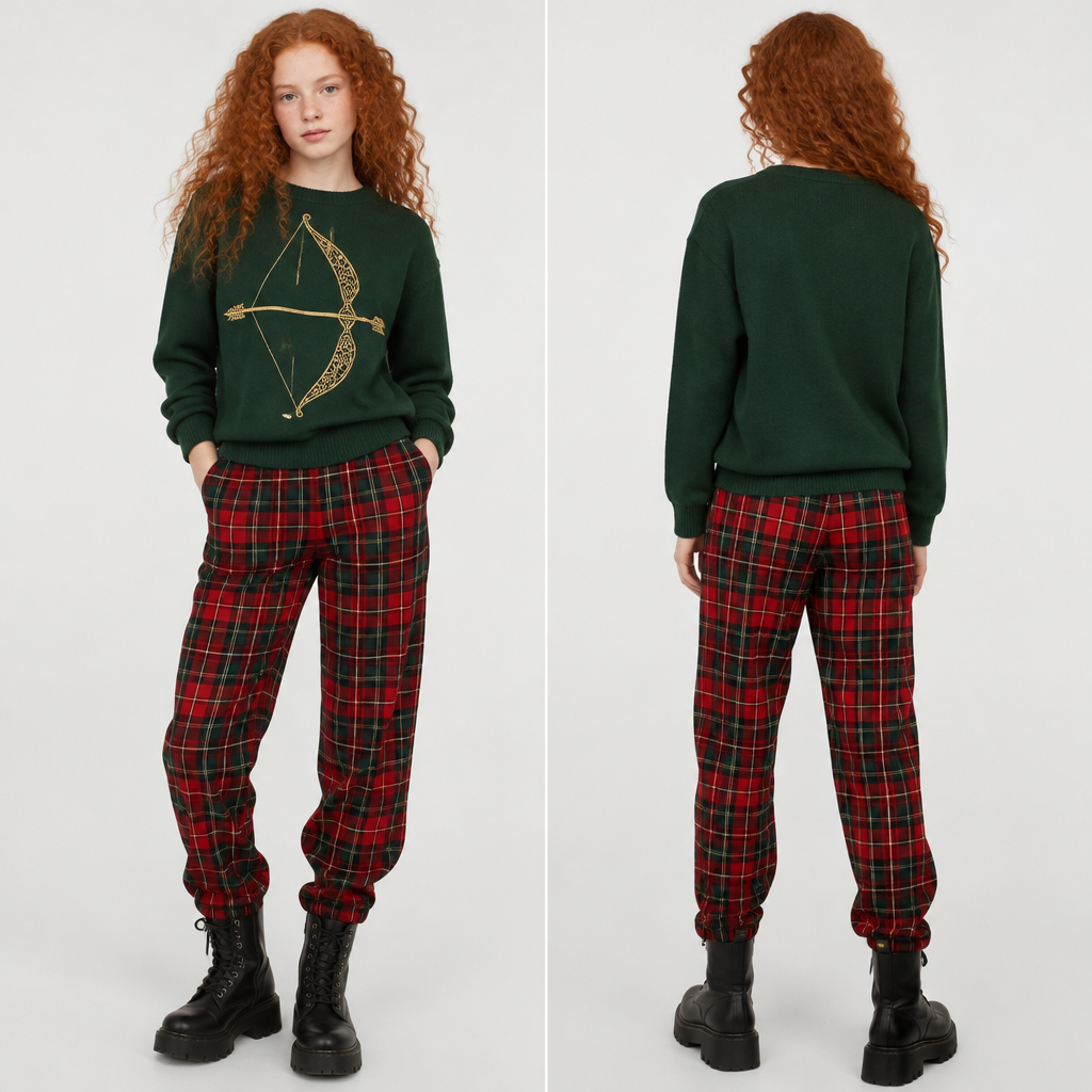 A Scottish teenage girl with wild red curls wears a forest green sweater with bow and an arrow in gold printed with Scottish redTartan trousers and black military boots
photorealistic fashion design, A Scottish teenage girl with wild red curls wears a forest green sweater with bow and an arrow in gold printed with Scottish redTartan trousers and black military boots , just the design no text, show front and back