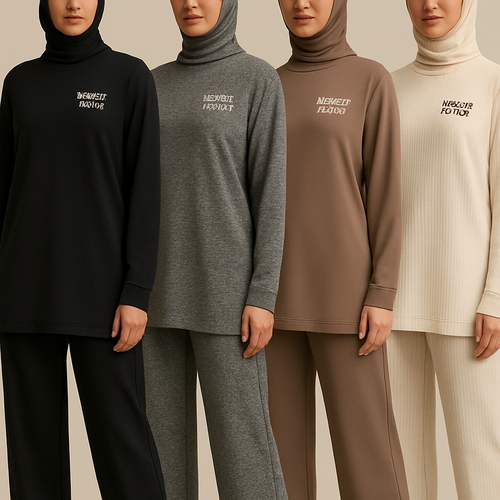 Create a revolutionary women’s modest loose gym wear brand called “Modest Fleur”. Display the brand name on the garments in a unique design on the upper right side, in small thick writing that exudes a classy and sophisticated vibe. I’d like four designs, each showcasing different styles and fabrics, with high-end, unique chic designs to make them truly special.