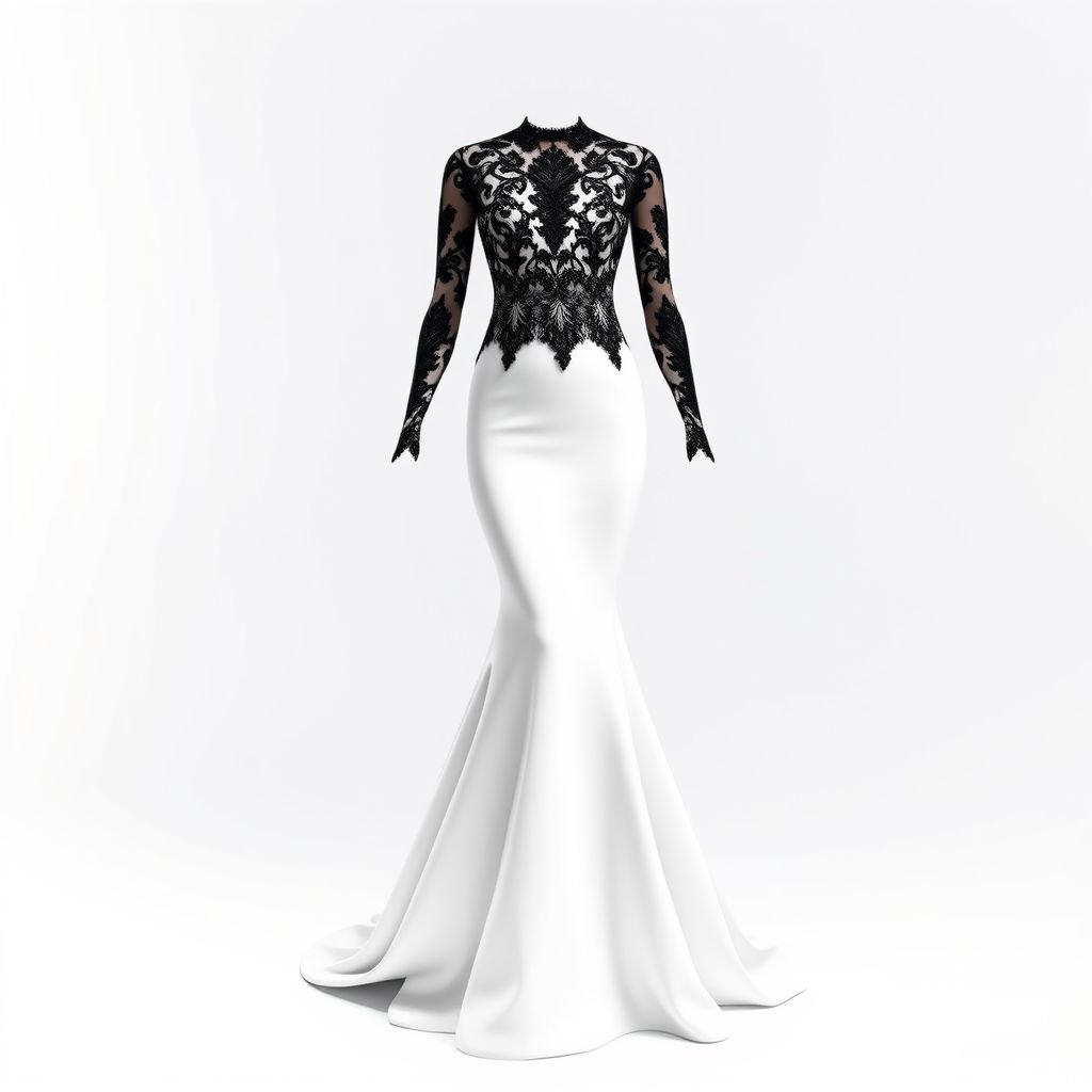 A white long body hugging dress that flares a bit just from the bottom of the knees all the way down and its dyed in black from the bottom up until the knees then a black laced design on the bodies and all the way to the arms and hands
Envision a captivating evening gown composed of a white, body-hugging fabric that elegantly flares from the knees down, transitioning into a deep black ombré. Intricate black lace overlays the bodice, cascading over the shoulders to envelop the arms, creating a delicate, ethereal silhouette perfect for a glamorous event.