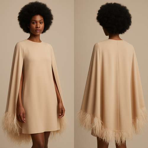 Create a realistic photo for a fashion magazine, make the woman wearing a beige dress with long cape and feather at the end of the cape. Make her hair afro and make her a black woman