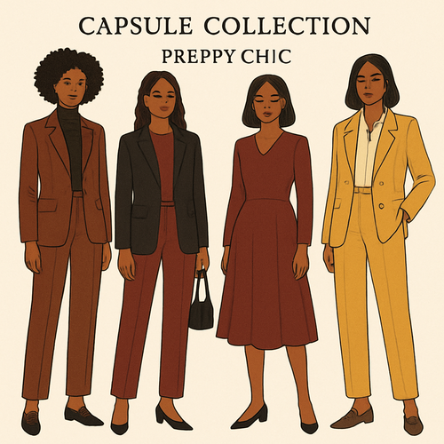 Capsule, Collection, brown female, suits, slacks, blazers tops, dresses. in Following colors browns, black, maroon yellow. 