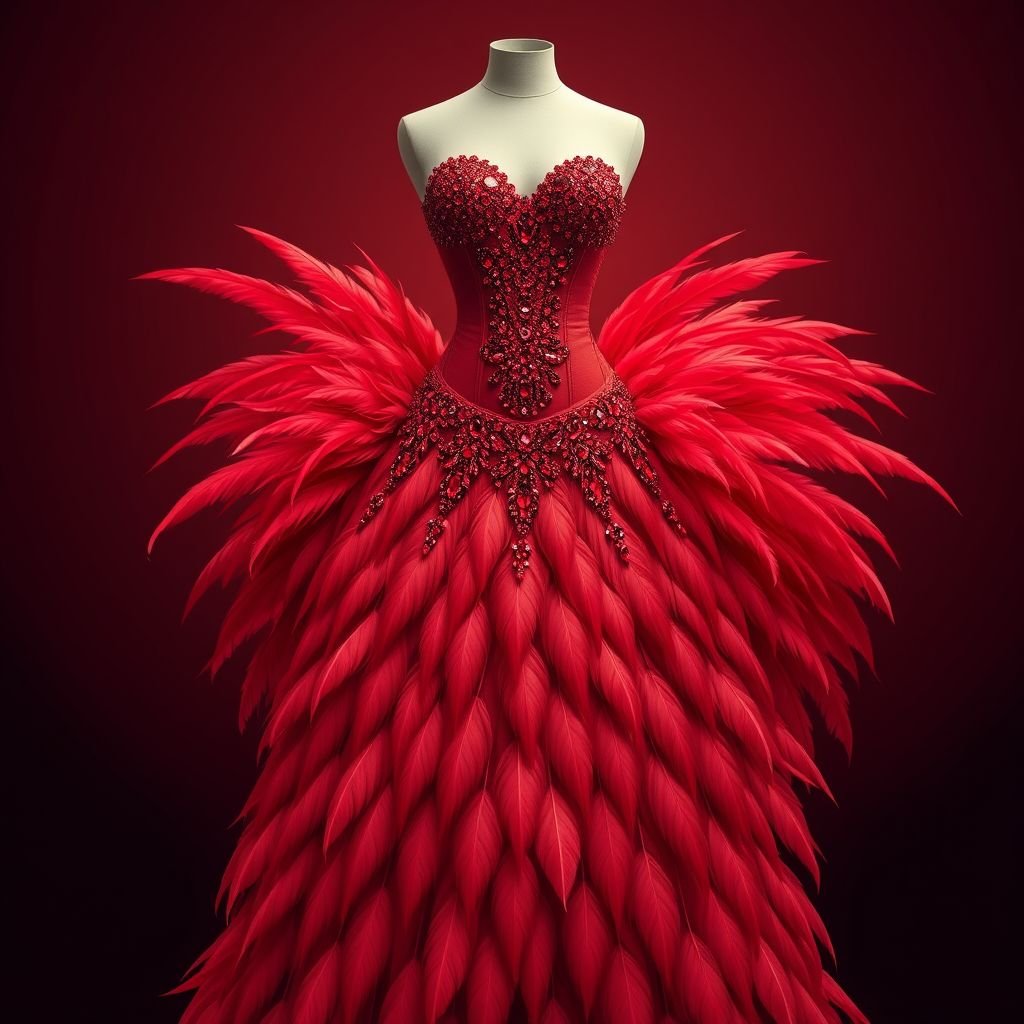 Red coset dress with red crystals and red ombré feathers
Create a stunning red corset dress that clings elegantly to the body, adorned with intricate red crystals that catch the light. The skirt flows into a dramatic cascade of ombré feathers, transitioning from deep crimson to soft scarlet. This breathtaking ensemble embodies a blend of elegance and fierce glamour, perfect for a red-carpet event.