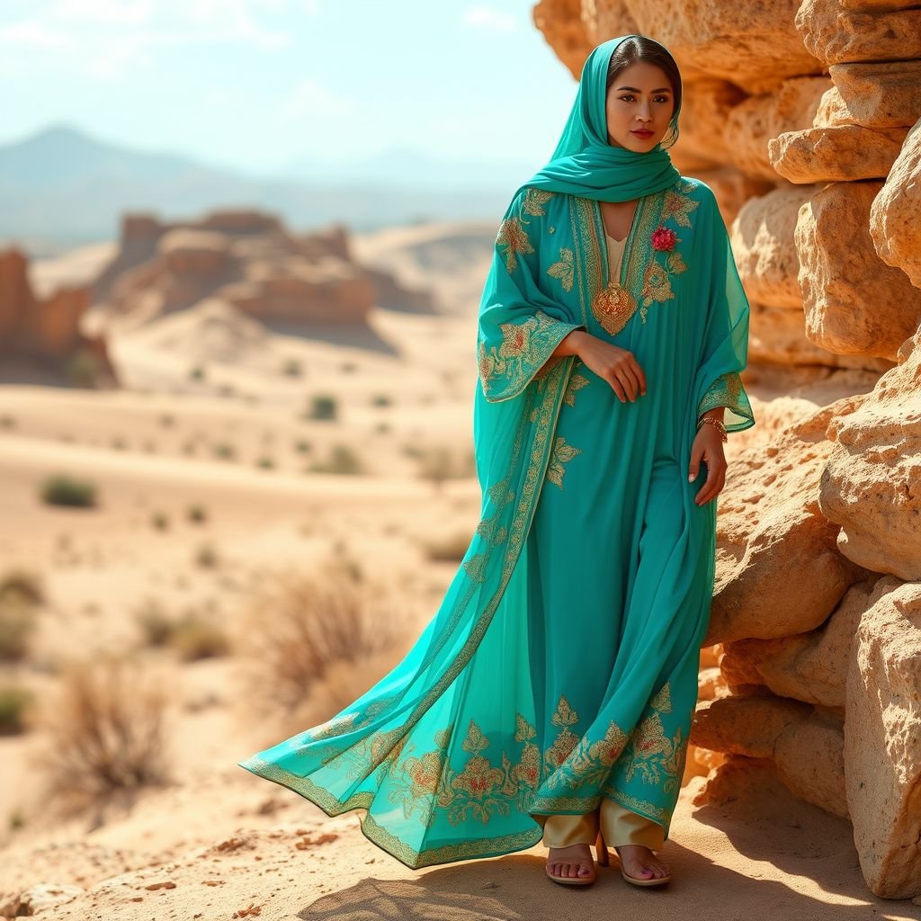 حابة تصاميم لسمان
Create a vibrant, flowing ensemble inspired by the enchanting landscapes of the Middle East. Envision a lightweight, turquoise chiffon abaya adorned with intricate gold embroidery depicting desert blooms. Pair it with layered, cropped silk trousers and statement jewelry featuring gemstones. This design should exude elegance and celebrate cultural richness through modern aesthetics.