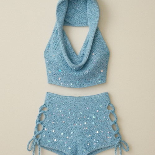 I’d like to design a crochet set, the shorts will feature sequins in different sizes as we as side cutouts tied together by a string detail, the base yarn is sparkly, the top uses sequin yarn, it is a ombré top with a draped halter neck and a hood, the top is sleeveless, this set is light blue with holographic sequins 