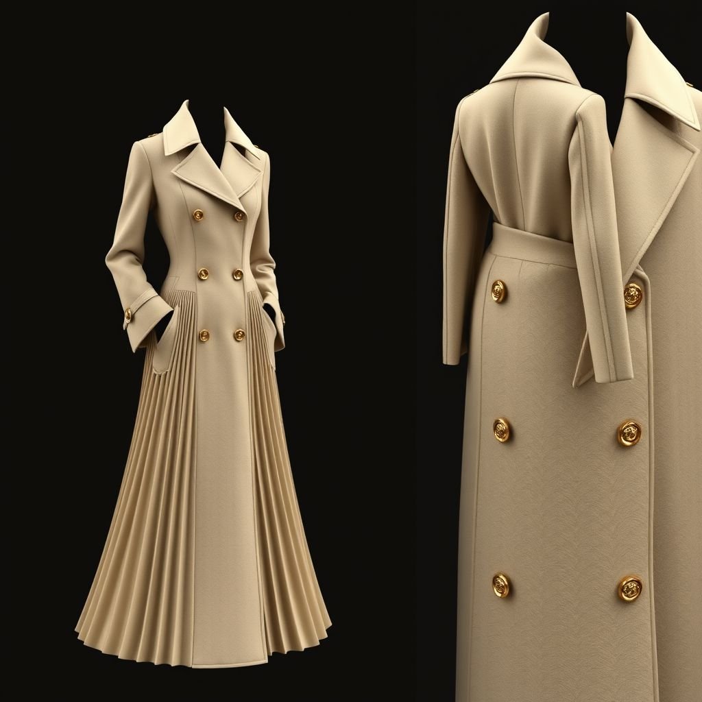 Long French pleated wool coat with gold buttons, double breasted with a dramatic cream collar
Design a classic long French pleated wool coat, featuring an elegant double-breasted silhouette adorned with intricate gold buttons. The coat showcases a dramatic cream collar that frames the face beautifully. Incorporate subtle tailoring details and a flowing skirt finish, evoking timeless sophistication while merging traditional craftsmanship with modern sensibilities.