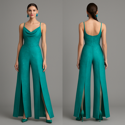 Neon teal Aline jumpsuit that extra tall in the pants with a split on both sides on the jumpsuit with mesh and a cowl neckline. The waist line has a side V shape. The jumpsuit has teal pearls and teal rhinestones scattered all inter the front on the jumpsuit. Matching teal closed toe pointy heals that are 5inches tall with a closed back that has a bow on the heal. 

Teal bow earrings with teal pearls and teal rhinestones 