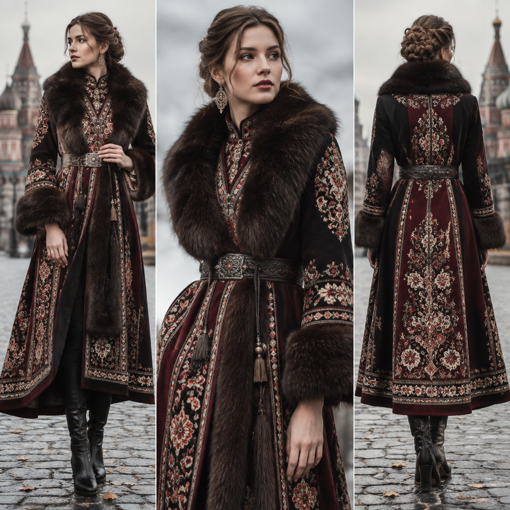 A Female Dress design, suitable for Fall. Consider Russian fashion — fur and layering traditions, bold patterns, mix of European elegance and Slavic folk motifs. Current season is Autumn in Russia. Present it as professional fashion catalogue photography: the garment is the subject, shown full-length with editorial styling, neutral posing and tasteful, non-suggestive framing.
photorealistic fashion design, A Female Dress design, suitable for Fall. Consider Russian fashion — fur and layering traditions, bold patterns, mix of European elegance and Slavic folk motifs. Current season is Autumn in Russia. Present it as professional fashion catalogue photography: the garment is the subject, shown full-length with editorial styling, neutral posing and tasteful, non-suggestive framing., just the design no text