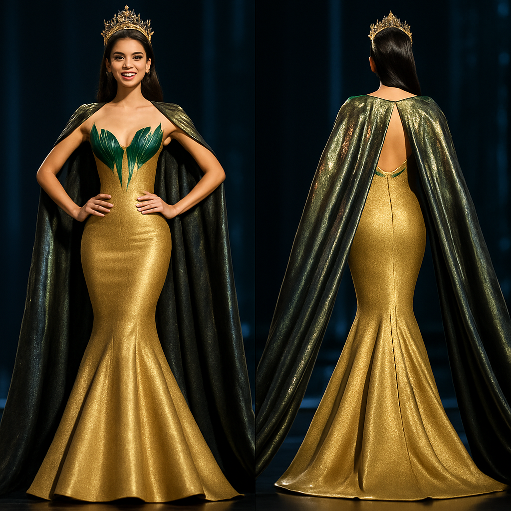 A fitted mermaid-style evening gown for a beauty queen. The main color is matte gold with touches of shiny light green. The bust area has pointed shapes in bright emerald green, creating a crown-like effect. Add a long gold cape with reflective black, gray and green tones — the gray parts should look metallic and shiny. The overall look must express luxury, confidence and Miss Grand International vibes. Full body model posing like a pageant queen on stage.
A fitted mermaid-style evening gown for a beauty queen. The main color is matte gold with touches of shiny light green. The bust area has pointed shapes in bright emerald green, creating a crown-like effect. Add a long gold cape with reflective black, gray and green tones — the gray parts should look metallic and shiny. The overall look must express luxury, confidence and Miss Grand International vibes. Full body model posing like a pageant queen on stage.
, show front and back