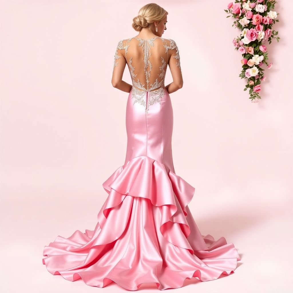 Pink satin gown
Imagine an enchanting pink satin gown with an asymmetrical hemline and a cascading ruffle train. The fitted bodice features intricate crystal beadwork and sheer, illusion sleeves adorned with delicate floral appliqués. Finished with a daring V-back, this captivating piece embodies romance and whimsy, perfect for a dazzling evening soirée.