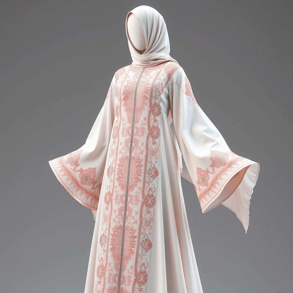 An abaya
Design a luxurious modern abaya that elegantly blends tradition with contemporary flair. It features intricate, geometric embroidery in ethereal pastels, flowing fabric that drapes gracefully, and a high collar for a chic silhouette. The sleeves are bell-shaped, adorned with subtle sequins, capturing light as the wearer moves, embodying timeless elegance.