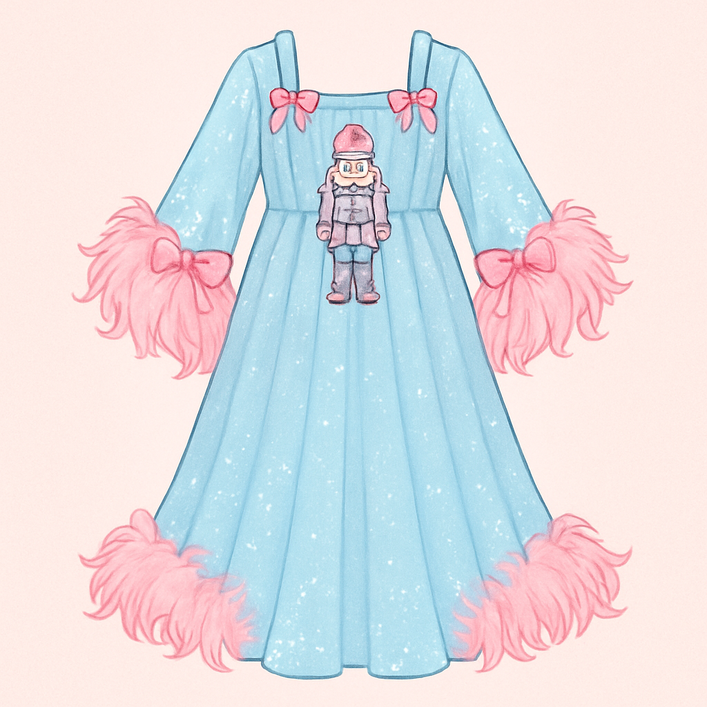 Long sleepwear gown that’s light blue with pink bows. I want the chest to have a sequin baby pink and blue colored nutcracker. I want the gown to be flowy and sparkling. I also want a lace robe in the same color blue but add pink ostrich feathers to the robe outline and sleeves and also add in pink velvet bows. 

Long sleepwear gown that’s light blue with pink bows. I want the chest to have a sequin baby pink and blue colored nutcracker. I want the gown to be flowy and sparkling. I also want a lace robe in the same color blue but add pink ostrich feathers to the robe outline and sleeves and also add in pink velvet bows. , kawaii style