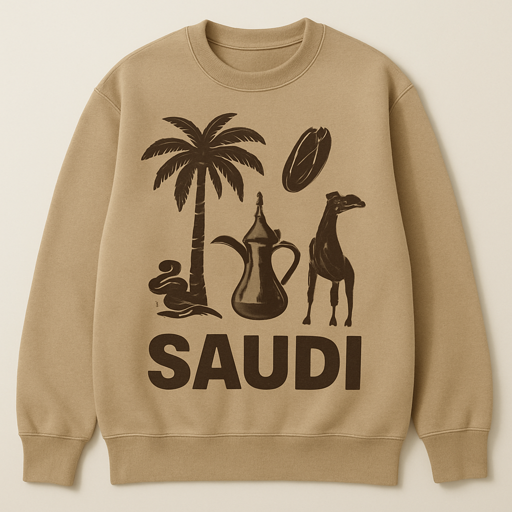I want a sweater With a Saudi touches 
Like Palm tree and Date and a saudi coffee and camel like this. 

I want a sweater With a Saudi touches 
Like Palm tree and Date and a saudi coffee and camel like this. , streetwear style