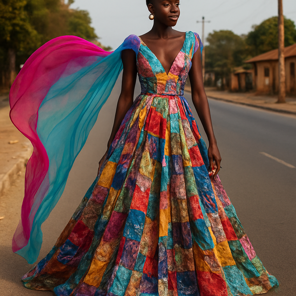 I want to Create one of kind colorful gown made from scrap fabric with iridescent touches and design with a colorful two tone chiffon for high end fashionista that will give it a sophisticated and gorgeous look on a real human dark skin modeling it on the roadside of a street in Africa.
I want to Create one of kind colorful gown made from scrap fabric with iridescent touches and design with a colorful two tone chiffon for high end fashionista that will give it a sophisticated and gorgeous look on a real human dark skin modeling it on the roadside of a street in Africa., western style