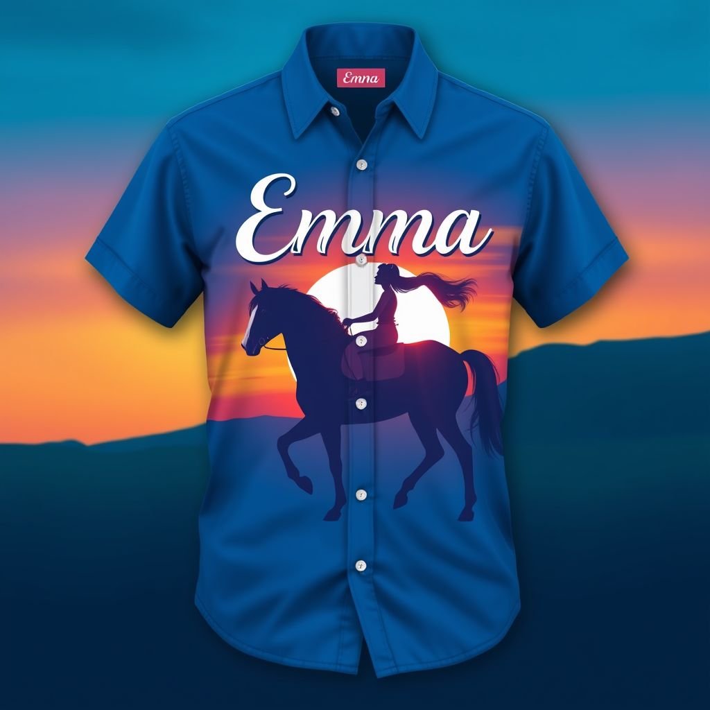 Blue shirt with the words Emma on them with girl rearing on horse and teal green and and blue background sunset
Design a relaxed-fit cobalt blue button-down shirt featuring the name "Emma" in whimsical, flowing script. The shirt showcases a stunning graphic of a girl gracefully riding a majestic horse, silhouetted against a vibrant sunset. The background blends teal green and deep blue hues, evoking a sense of adventure and serene beauty.