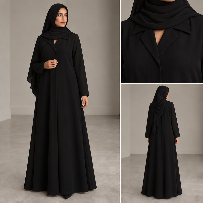 العباية مبطنة اسود
edit the attached fashion design with these instructions: العباية مبطنة اسود. keep it photorealistic, just the design no text