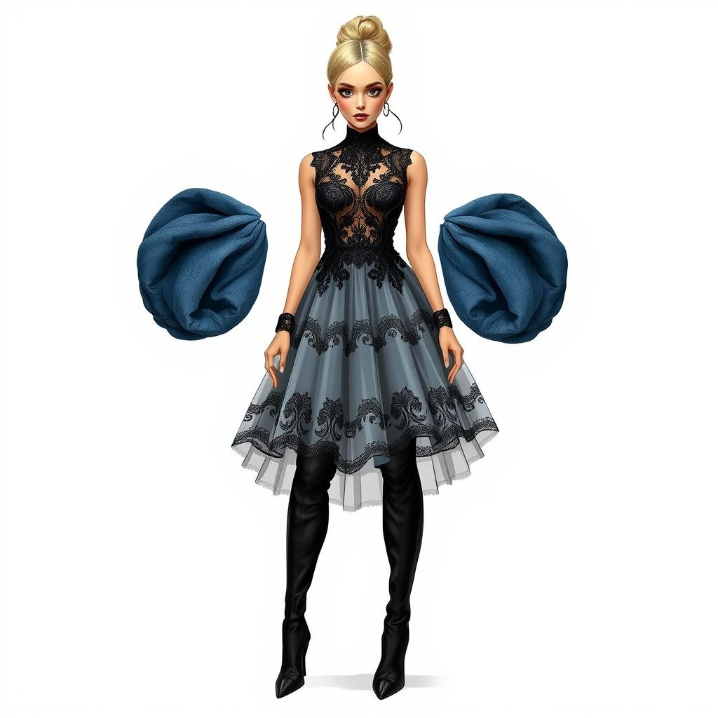 Black, lace, tulle, mini, mutton sleeves, leather, over the knee boots
Design a striking denim ensemble featuring a black lace mini dress layered over a tulle underskirt, complemented by voluminous mutton sleeves crafted from soft denim. Pair this with edgy leather accents and stylish over-the-knee denim boots, creating a bold fusion of textures that exudes confidence and modern chic in denim fashion.